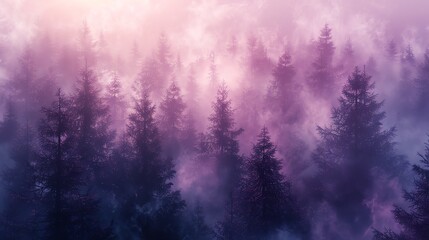 Craft a high-angle view of a mystical mauve forest, with delicate, ethereal trees reaching towards a hazy lavender sky, capturing a dreamlike ambiance using watercolor techniques