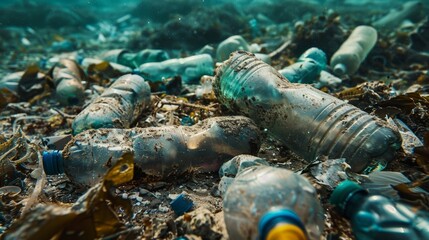 Close-up of weathered plastic parts and bottles undersea, highlighting the persistent pollution in the ocean ecosystem