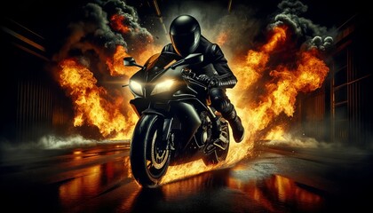 Motorcycle on Fire in Action Scene