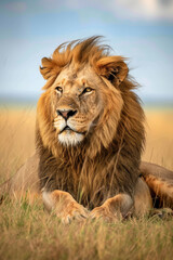 Fototapeta premium Majestic Lion Resting in Savannah Grasslands Under Blue Sky