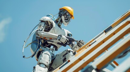 Close-up of a worker robot with spray paint and air nail gun in action, enhancing a new roof on a residential building under clear skies - obrazy, fototapety, plakaty