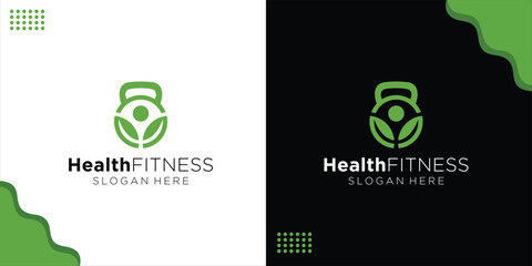 creative Leaf logo with kettlebell barbell design for gym and fitness illustration, design inspiration, vector