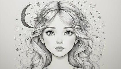 Craft a line art portrait of a girl with whimsical upscaled 2