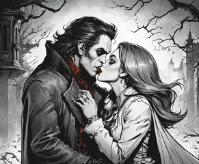 Illustration of a Vampire and His Girlfriend Kissing, AI Generative