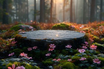Stone podium at magic forest, plants, green moss, herbs, dew - 3D mockup background beauty product presentation concept. Copy space platform for Cosmetics, perfume fashion sales advertising stand.