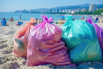 Urban Beach Cleanup: Colorful Piles of Recyclable Bags Amidst Cityscape