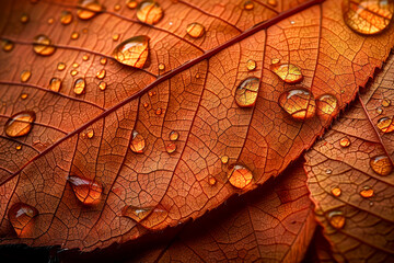 Fototapeta premium Autumn Dew Close Up of Water Droplets on Vibrant Orange Leaf
