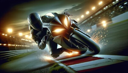 motorcycle racer is in full gear, leaning at a dynamic angle as they corner at high speed on a racetrack.