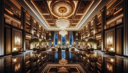 opulent hotel lobby bathed in the warm glow of chandeliers, with high ceilings and a reflective marble floor.