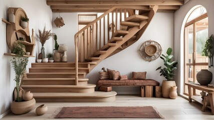 Bohemian home design including a wooden staircase and rustic accents in a modern entry hall.