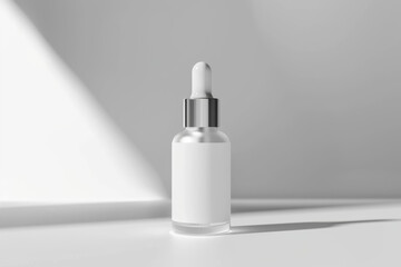 Glass bottle containing cosmetic serum placed on a clean white surface. Visual representation of a container with a dropper for showcasing product designs.