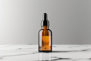 Glass bottle containing a serum for skincare displayed on a plain white surface. Presentation of a dropper attached to the container.