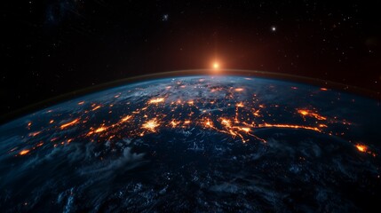 Obraz premium Global network visualization showcasing bright connections across digital nodes on a dark background