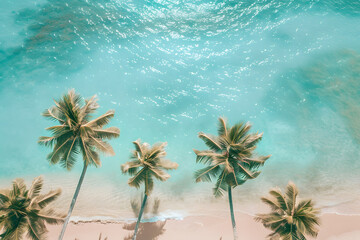 Obraz premium Coastline at tropical beach with palms and turquoise ocean , summertime banner mockup. Summer travel sales and vacation concept.