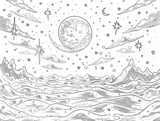A black and white space-themed illustration with various celestial objects such as planets , stars , comets , and a burst of light . Starry Nightlines for coloring page