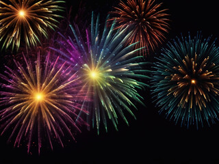 Fototapeta premium Colorful vibrant glittering fireworks Background with glow smoke and confetti banner ai generative