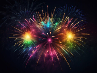 Fototapeta premium Colorful vibrant glittering fireworks Background with glow smoke and confetti banner ai generative