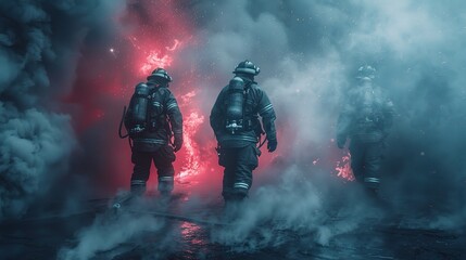 A group of firefighters working in sync to extinguish a raging blaze, surrounded by billowing smoke
