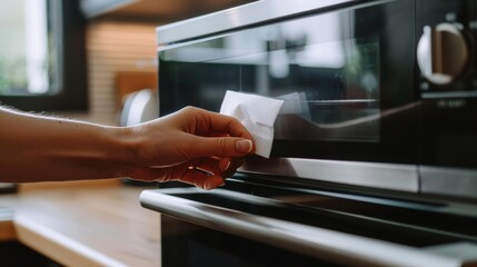 Close-up of a hand holding a white paper napkin, wiping the dark glass door of a microwave oven in a home kitchen - Powered by Adobe