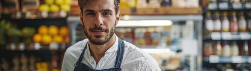 Obraz premium A male commercial cleaner in coveralls tidies the windows and storefront display windows of a shop using specialized tools.