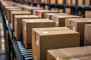 Fototapeta premium Arranging packing boxes inside shipping containers for transportation logistics