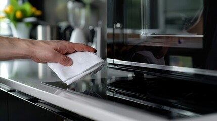 Close-up image of a white napkin in hand, polishing the shiny black door of a microwave, set in a modern home kitchen