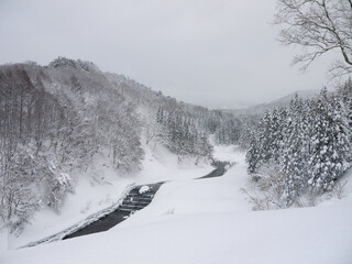 Beautiful Japanese satoyama winter scenery, forest oh the hill covered with snow, mountain river rapids distant mountains