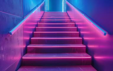 The stairs were adorned with vibrant neon lights, casting a colorful glow throughout the room.