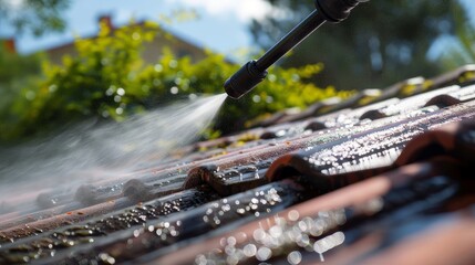 Close-up action shot of a pressure washer in use on a house roof, highlighting the cleaning power and the professional service