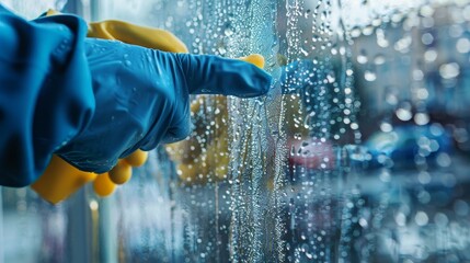 Cleaning a clear glass surface with detailed focus on the rubber puller and the disinfecting droplets of glass cleaner