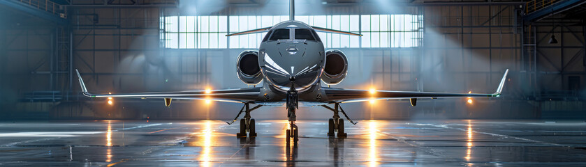 The airplane is showcased in a hangar with bright spotlights illuminating its features.