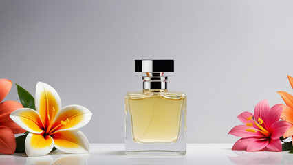 Mockup of a glass perfume bottle with flowers