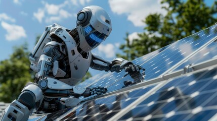Advanced worker robot at work, securing a new solar panel to a residential roof, emphasizing modern energy solutions
