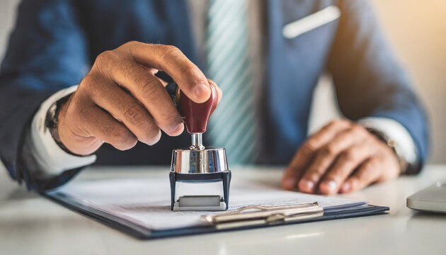 Businessman's hand stamps document with metal stamp on white table for official signature and professional authentication