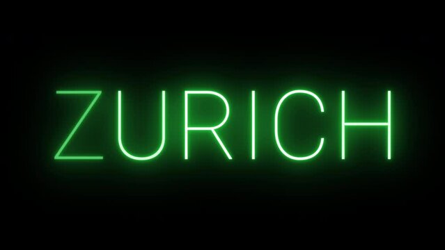 Flickering neon green glowing zurich text animated on black background
