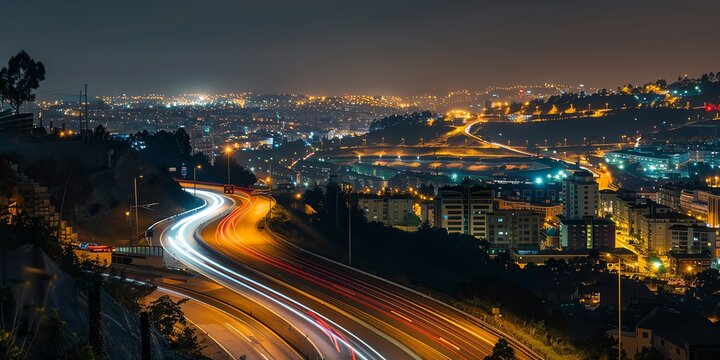 Background of long exposure photograph of city lights at 15sec f6 iso100, night, cinematic lighting, realistic