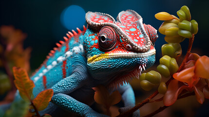 A vibrant reptile perched on a branch with its vibrant colors on display