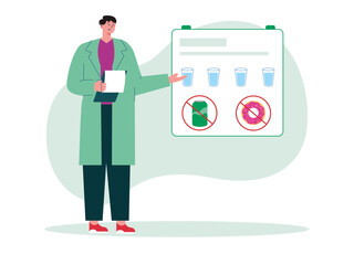 Doctor suggesting daily quantity of water intake. Diet vector illustration