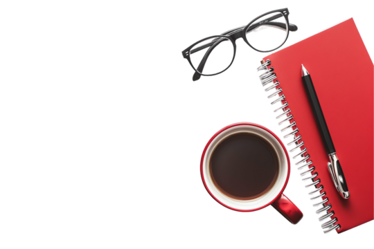 Morning Work Essentials: Coffee, Notebook, and Pen on Desk