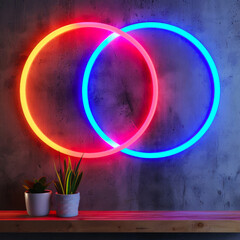Vibrant neon blue and red glowing circles frames on concrete wall, abstract banner, background