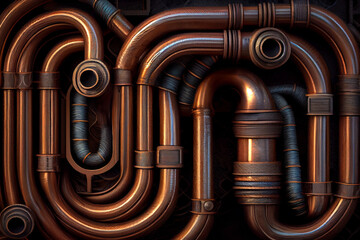 Industrial copper pipes on a dark steampunk background