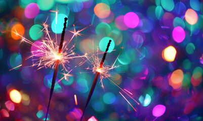 Two burning sparkles with many glowing sparks on a night colorful bokeh background, festive background