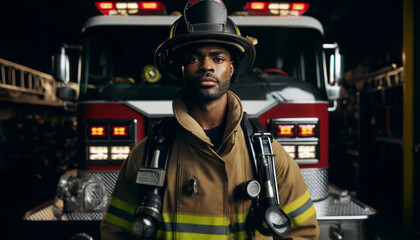 American firefighter standing in front of a fire engine. Dressed in full gear, the firefighter exudes a sense of duty and bravery, with the detailed fire engine in the background 