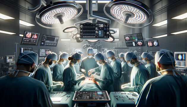 Medical team performing a surgical operation in a modern operating room - Powered by Adobe