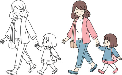 Mom and daughter are walking together coloring page isolated on white background. Mother's Day hand drawn illustration colouring book for kids