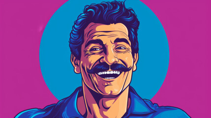 A man with a mustache is smiling and wearing a blue shirt