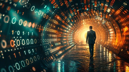 Digital Odyssey: Back View of a Businessman Walking Through a Tunnel Made of Binary Data in a Psychedelic Setting, technology in business concept