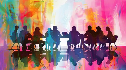 A group of diverse business professionals having a meeting in a colorful and creative workspace.