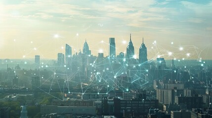 City skyline with a glowing network of connections.