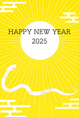 2025年巳年年賀状、初日の出と白蛇、年賀はがき素材